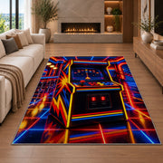 Retro Arcade Cabinet rug in a living room with a fireplace