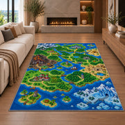 Pixel Fantasy World Map rug in a living room with a fireplace