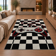 Retro Controller Checkerboard rug in a living room with a fireplace