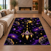Pixel Space Shooter rug in a living room with a fireplace