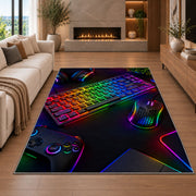 Rainbow Mechanical Keyboard rug in a living room with a fireplace