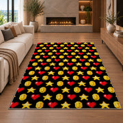 Pixel Hearts and Coins rug in a living room with a fireplace