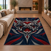 Crossed Controllers Emblem rug in a living room with a fireplace