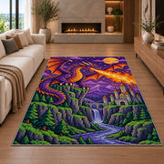 Pixel Dragon and Castle rug in a living room with a fireplace