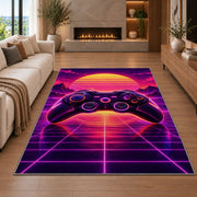 Synthwave Controller rug in a living room with a fireplace