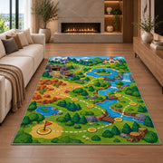 Game Level Map rug in a living room with a fireplace