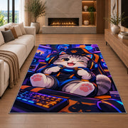 Gamer Cat rug in a living room with a fireplace