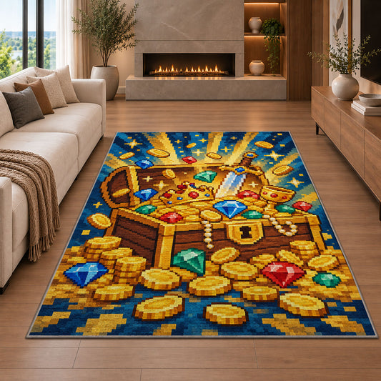 Pixel Treasure Chest rug in a living room with a fireplace