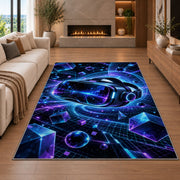 VR Headset Cyberspace rug in a living room with a fireplace