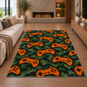 Pixel Camo Controllers rug in a living room with a fireplace