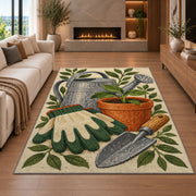 Gardening Rug in a living room with a fireplace