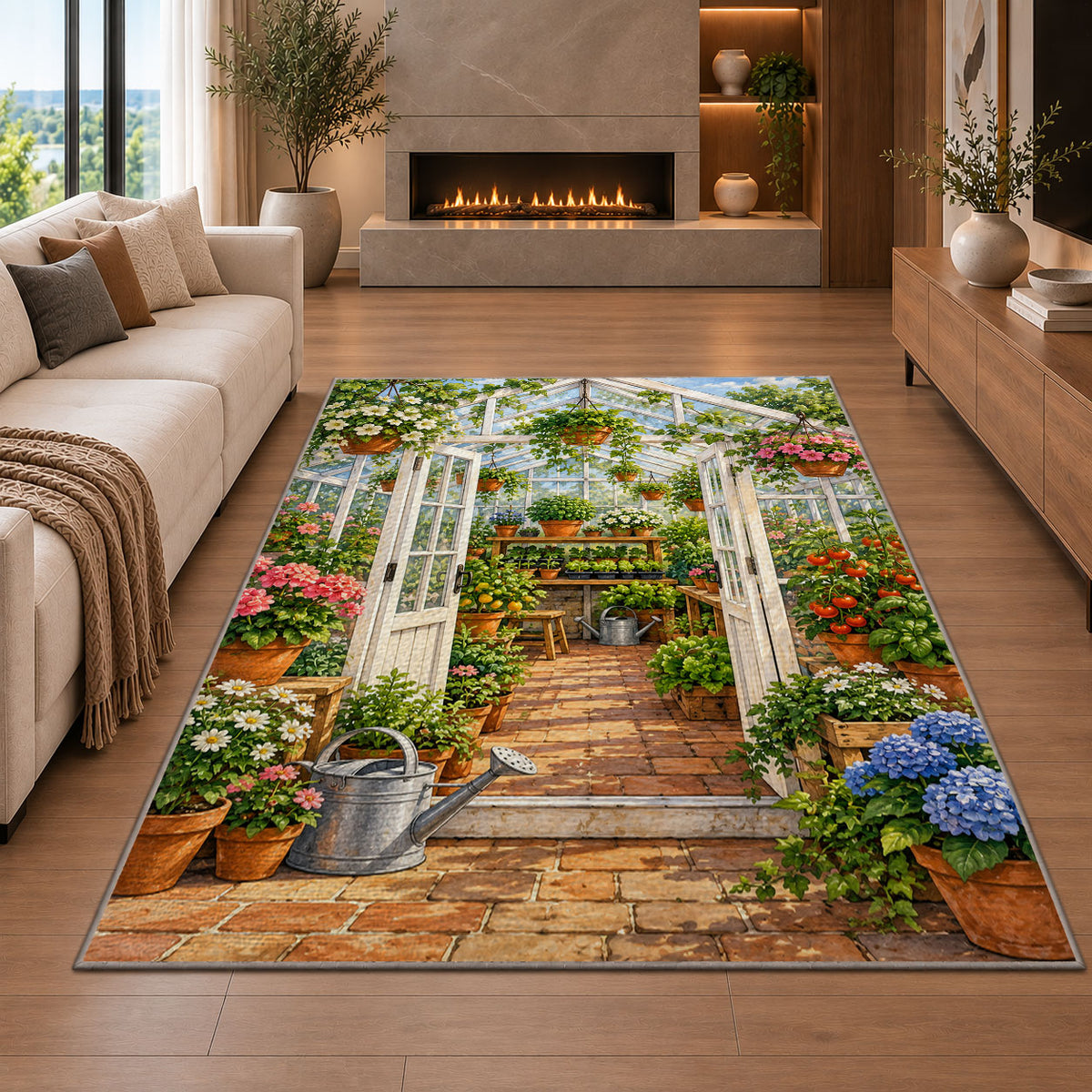 Greenhouse Rug in a living room with a fireplace
