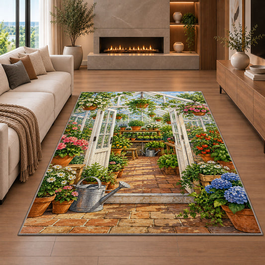 Greenhouse Rug in a living room with a fireplace