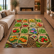 Vintage Seed Packet Rug in a living room with a fireplace