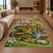 Wheelbarrow Garden Rug in a living room with a fireplace