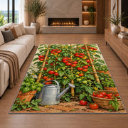 Tomato Garden Rug in a living room with a fireplace