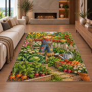 Scarecrow Garden Rug in a living room with a fireplace