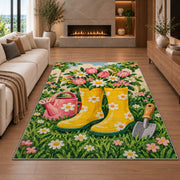 Rain Boots Flower Rug in a living room with a fireplace