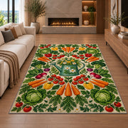 Vegetable Mandala Rug in a living room with a fireplace