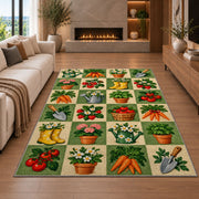 Checkered Garden Rug in a living room with a fireplace