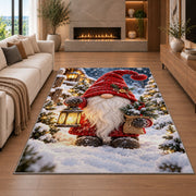 winter gnome with lantern rug in a living room with a fireplace