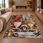 family of three gnomes rug in a living room with a fireplace
