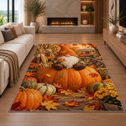 autumn gnome with pumpkins rug in a living room with a fireplace