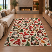 gnome pattern with hearts and mushrooms rug in a living room with a fireplace