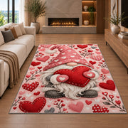 pink gnome hugging a heart rug in a living room with a fireplace