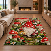 gnome in a mushroom garden rug in a living room with a fireplace