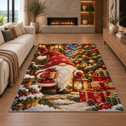 gnome by a decorated Christmas tree rug in a living room with a fireplace