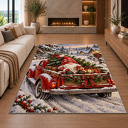 gnome riding in a red truck rug in a living room with a fireplace