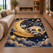 gnome sitting on the crescent moon rug in a living room with a fireplace