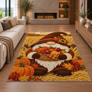 Thanksgiving harvest gnome rug in a living room with a fireplace