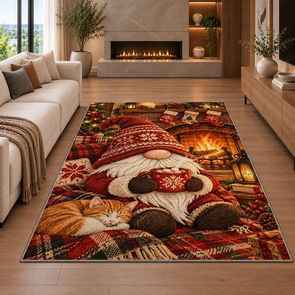 gnome by the fireplace rug in a living room with a fireplace