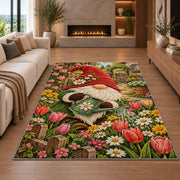 gnome watering tulips rug in a living room with a fireplace