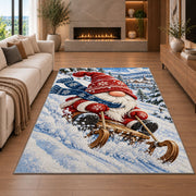 gnome sledding down a snowy hill rug in a living room with a fireplace