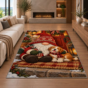 gnome and puppy on the porch rug in a living room with a fireplace