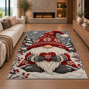 Nordic gnome holding a heart rug in a living room with a fireplace