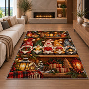 row of gnomes on a shelf rug in a living room with a fireplace