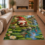 gnome fishing at a pond rug in a living room with a fireplace