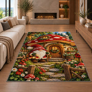 gnome at a mushroom house rug in a living room with a fireplace