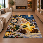 gnome hugging a golden star rug in a living room with a fireplace