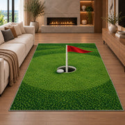 Golf hole and flag rug in a living room with a fireplace