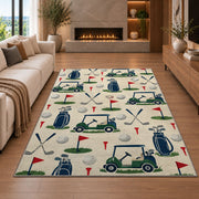 Golf icons pattern rug in a living room with a fireplace
