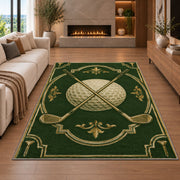 Crossed clubs emblem rug in a living room with a fireplace