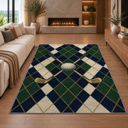 Golf argyle rug in a living room with a fireplace