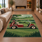 Retro golf cart rug in a living room with a fireplace
