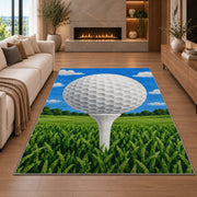 Golf ball on tee rug in a living room with a fireplace