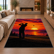 Golfer sunset rug in a living room with a fireplace
